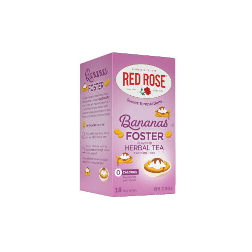Pink box of Red Rose Bananas Foster flavored herbal tea on a white background