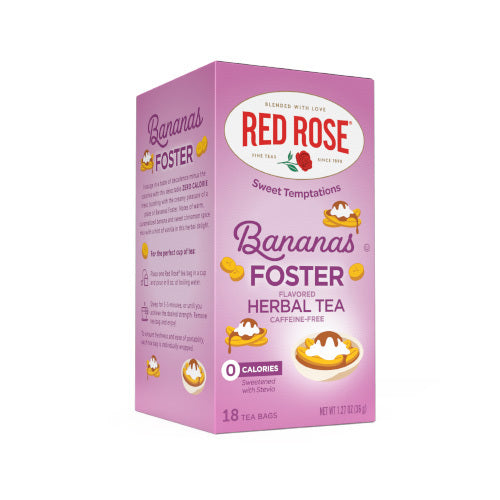 Box of Red Rose Bananas Foster flavored herbal tea on a white background