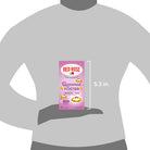 Red Rose Bananas Foster herbal tea package held in a hand with dimensions indicated.