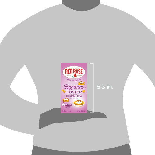 Red Rose Bananas Foster herbal tea package held in a hand with dimensions indicated.