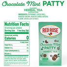 Red Rose Chocolate Mint Patty Herbal Tea packaging with nutrition facts on a white background