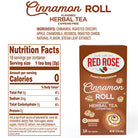 Red Rose Cinnamon Roll flavored herbal tea package with nutrition facts on a white background