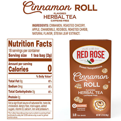 Red Rose Cinnamon Roll flavored herbal tea package with nutrition facts on a white background