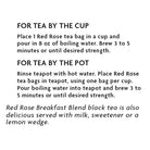 Tea brewing instructions for Red Rose Breakfast Blend black tea on a white background