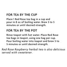 Instructions for brewing Red Rose tea by the cup and by the pot on a white background.