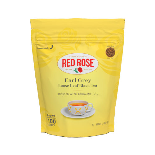Yellow package of Red Rose Earl Grey loose leaf black tea on a white background