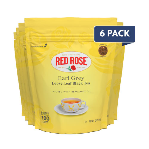 Yellow package of Red Rose Earl Grey Loose Leaf Black Tea with a '6 Pack' label on a white background.