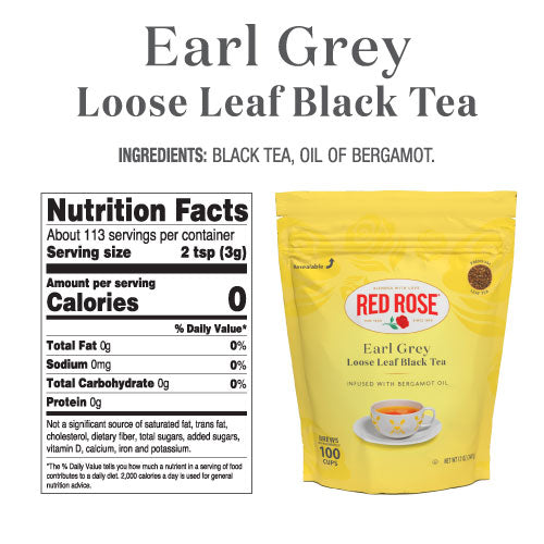 Yellow package of Red Rose Earl Grey Loose Leaf Black Tea with nutrition facts label on a white background