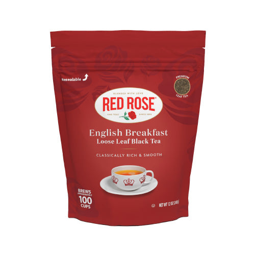 Red Rose English Breakfast loose leaf black tea package on a white background