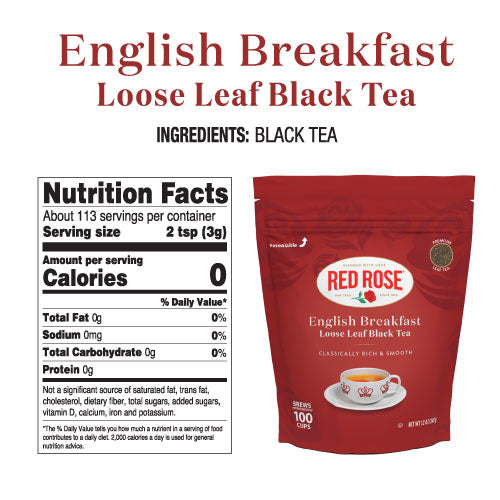 Red Rose English Breakfast Loose Leaf Black Tea package with nutrition facts on a white background
