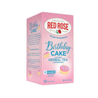 Pink box of Red Rose Birthday Cake flavored herbal tea on a white background