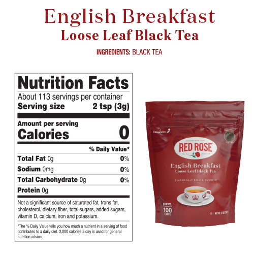 Red Rose English Breakfast Loose Leaf Black Tea package with nutrition facts label on a white background