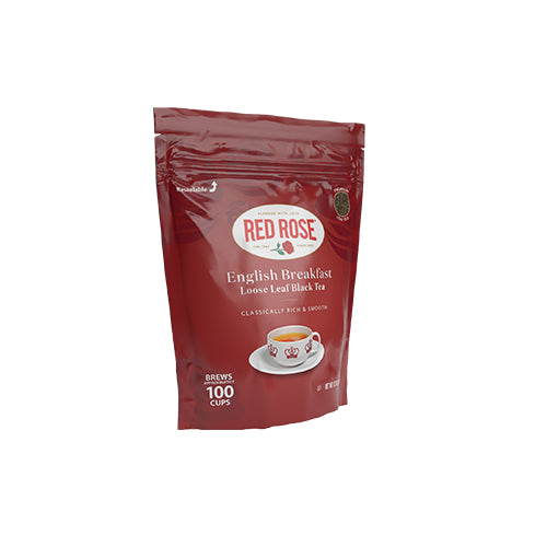 Red Rose English Breakfast loose leaf tea package on a white background