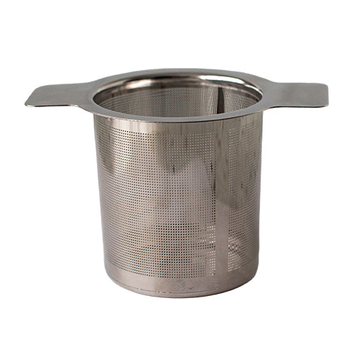 Stainless steel tea infuser on a white background. Brew basket style, wide enough to rest across the top of most mugs