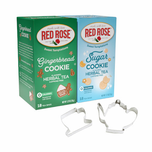 Two Red Rose tea boxes, one Gingerbread Cookie and one Sugar Cookie, with cookie cutters on a white background.