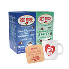 Red Rose tea boxes for Hot Chocolate and Marshmallow and Chocolate Mint Patty, mug, and coaster, on a white background