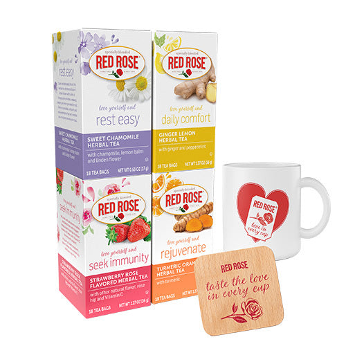 Red Rose tea boxes, mug, and coaster on a white background