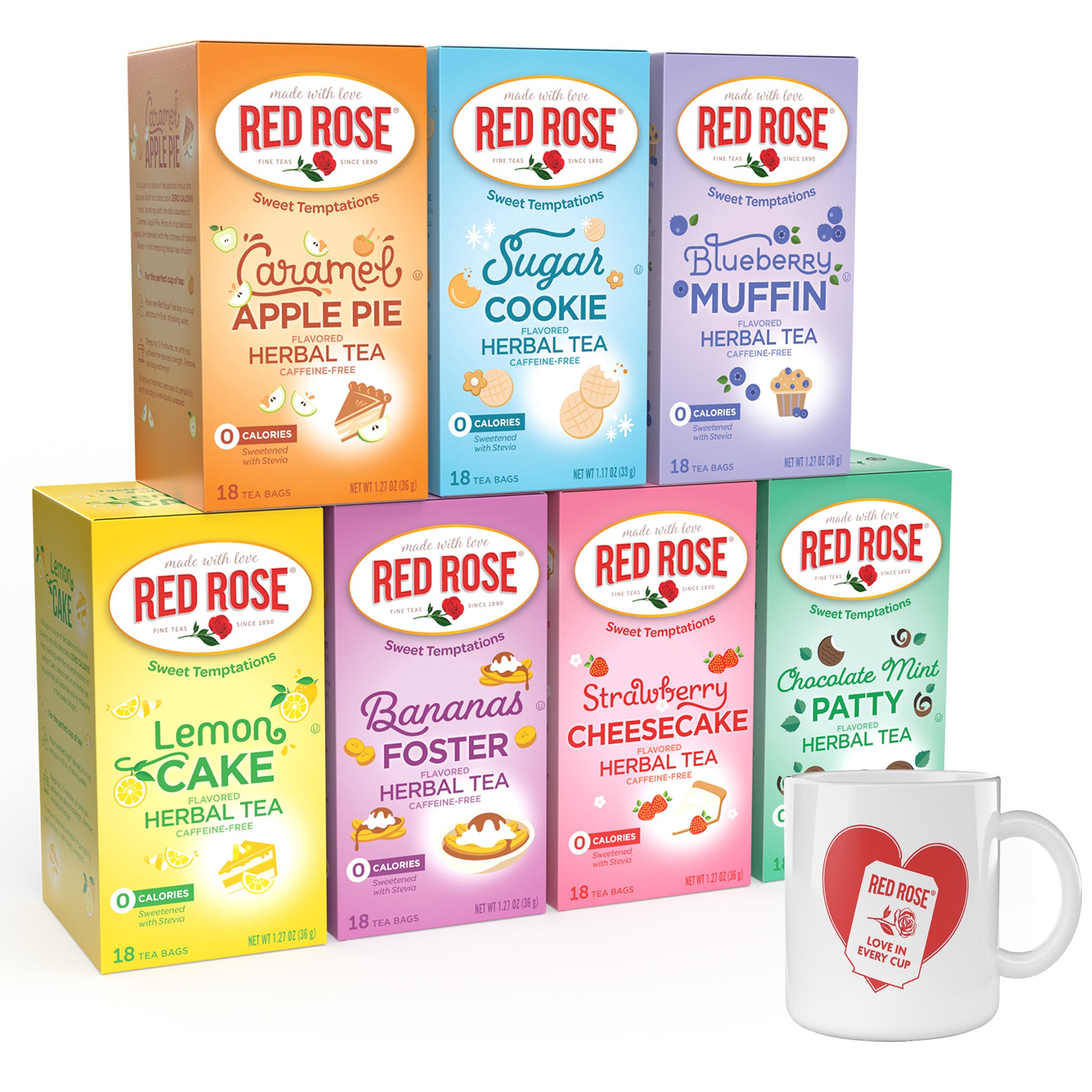 A variety of Red Rose Sweet Temptations flavored tea boxes including Caramel Apple Pie, Sugar Cookie, Blueberry Muffin, Lemon Cake, Bananas Foster, and Strawberry Cheesecake. The set is presented with a Red Rose branded mug.