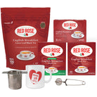 Red Rose English Breakfast tea varieties, including loose leaf, tea bags, decaf, and single serve cups, along with a  tea strainer, a tea infuser, and a mug