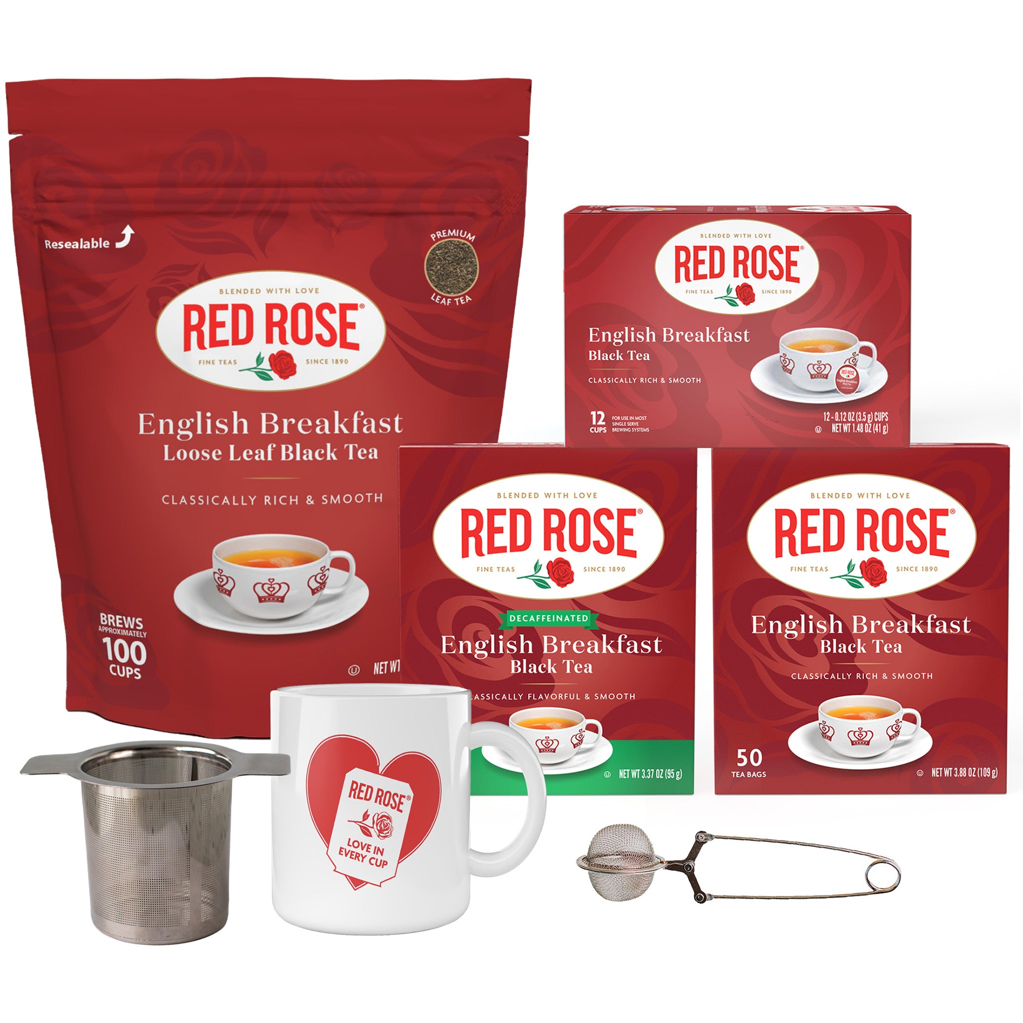 Red Rose English Breakfast tea varieties, including loose leaf, tea bags, decaf, and single serve cups, along with a  tea strainer, a tea infuser, and a mug