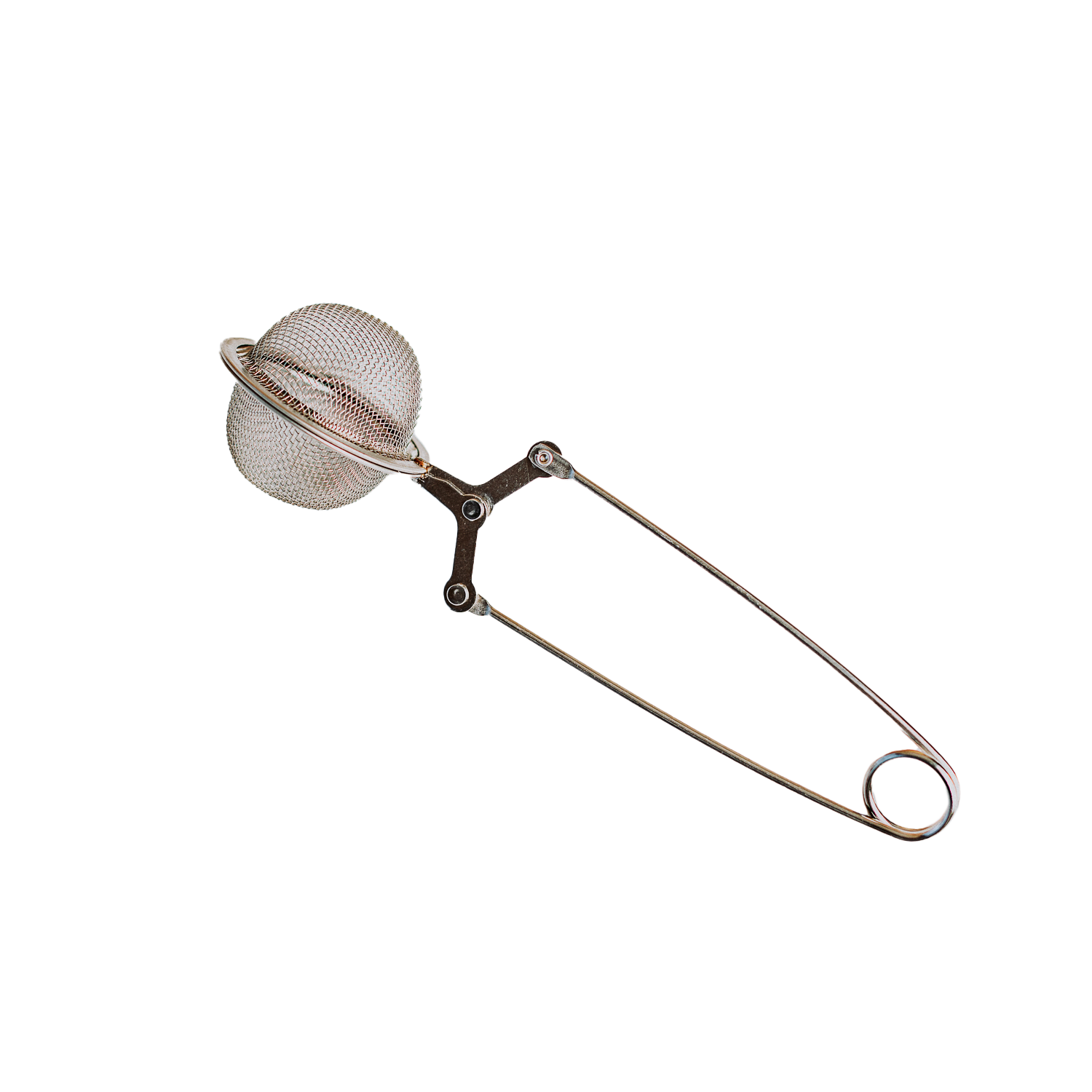 Stainless steel mesh tea ball infuser with a long handle and clasp, used for brewing loose leaf tea